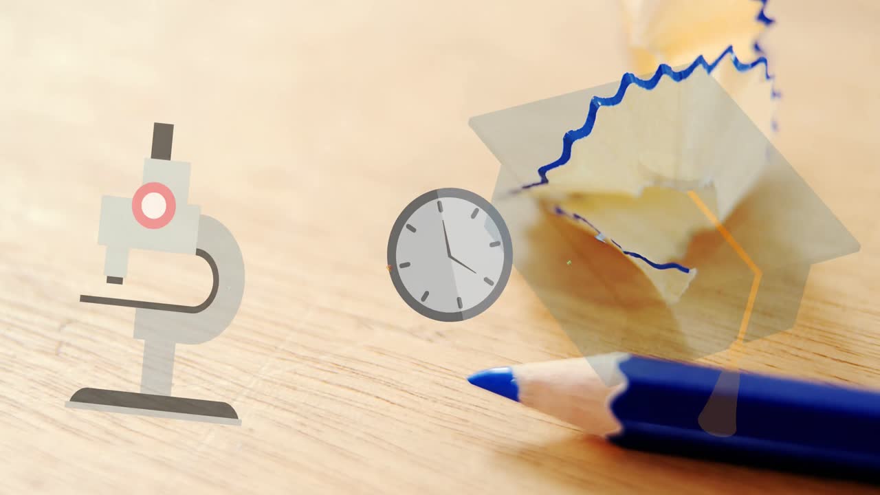 책상 위에 있는 학교 물건 아이콘의 애니메이션