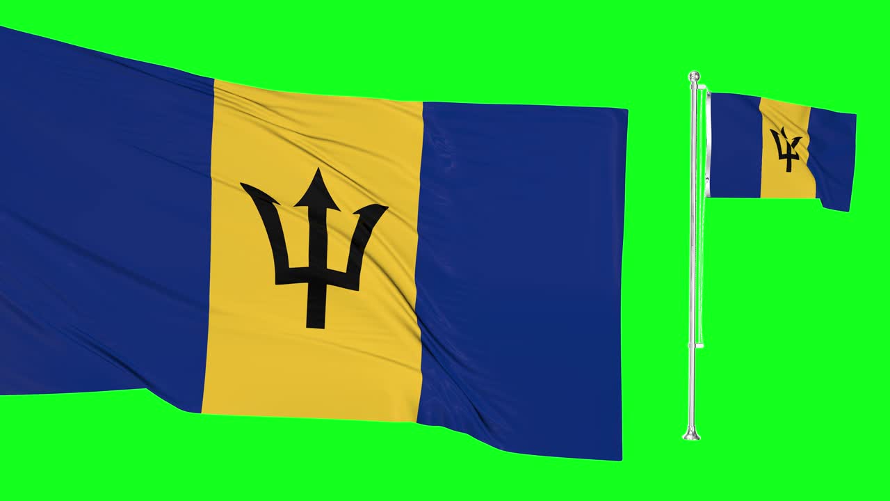 pantalla verde hiper realista bucle de barbados dos banderas ondeando en el viento isla asta de la bandera revoloteando con muy detallada textura de la tela animación 4k 3d clave de croma