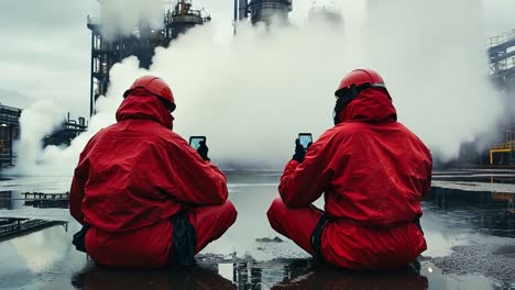 two people in red suits sitting on the ground in front of an oil refinery