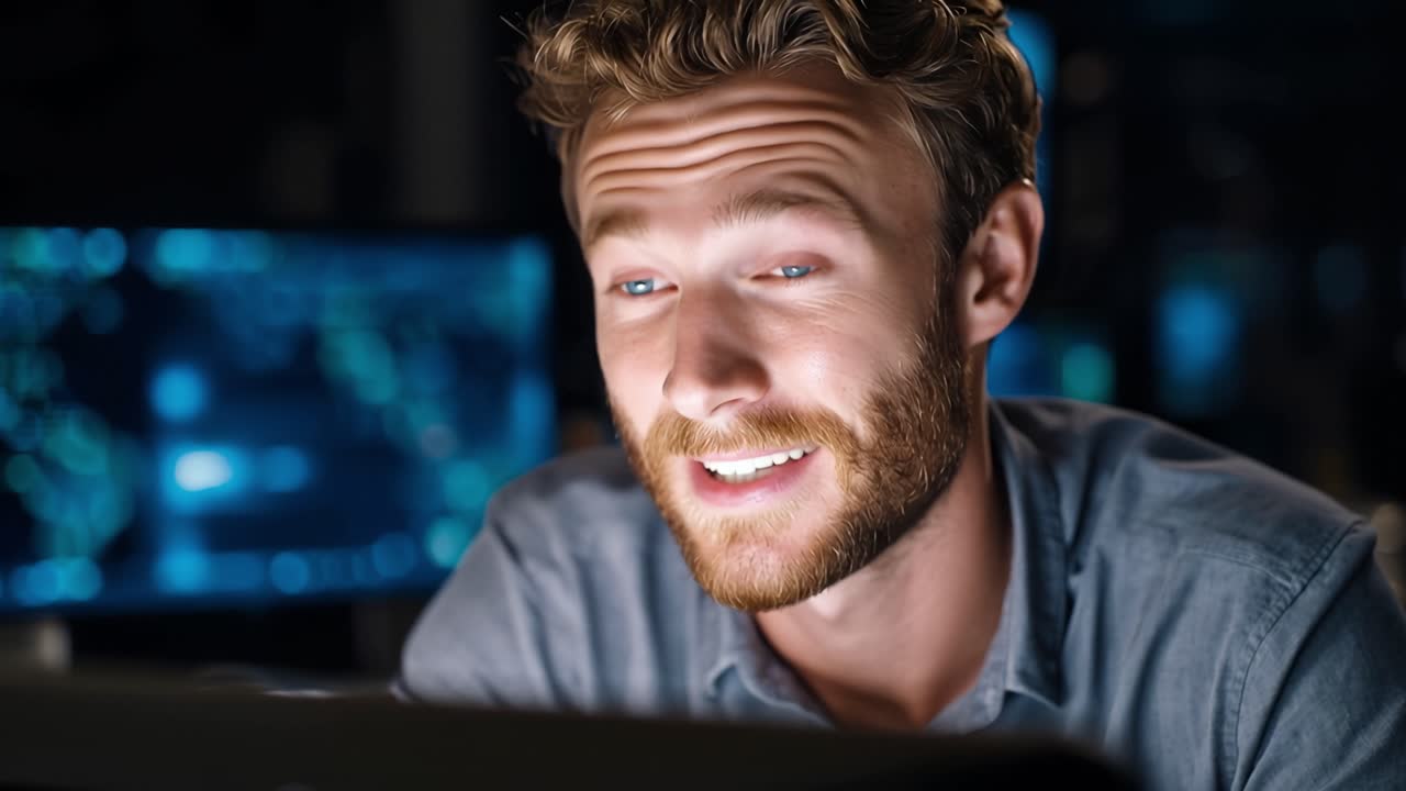 A focused man engages with technology, showcasing emotions of concentration and joy while interacting with digital displays in a dimly lit environment