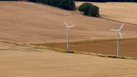 two wind turbines slowly rotate in a sunlit wheat field, surrounded by rolling hills and trees. static wide shot with natural daylight