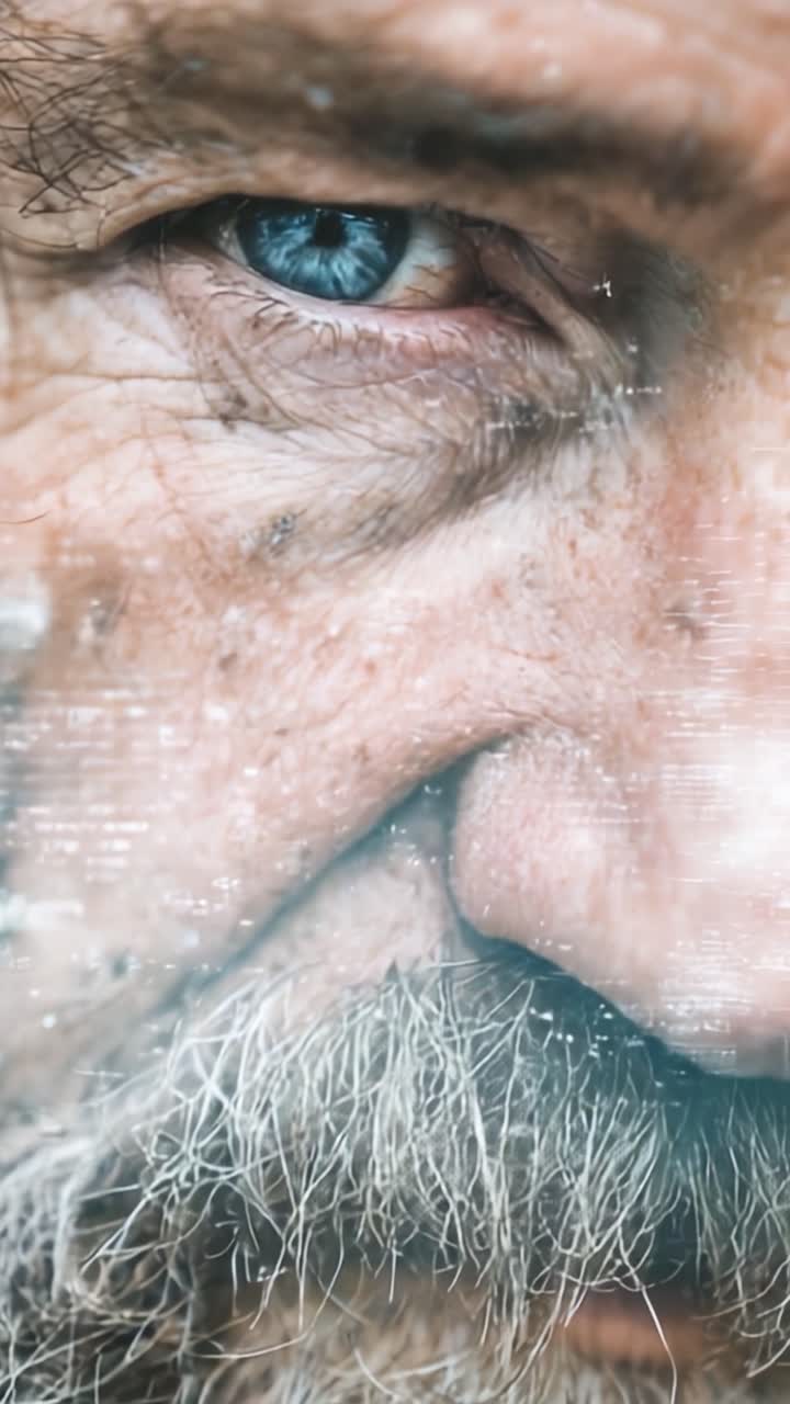Un primo piano che cattura lo sguardo intenso di un uomo anziano con tratti somatici distintivi, evidenziati da texture e contrasti in un contesto riflessivo.