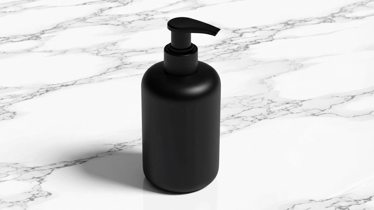 Tyylikäs musta pumppupullo lepää elegantisti valkoisella marmoritasolla, esitellen modernia minimalismia muotoilussa, täydellinen mihin tahansa nykyaikaiseen kylpyhuone- tai keittiötilaan.