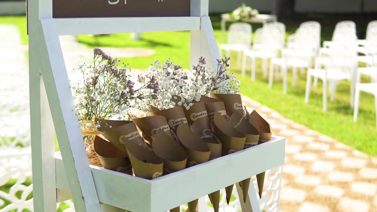 Bunch Of Colorful Fresh Flowers Displayed On Stand Outdoor In Wedding Ceremony