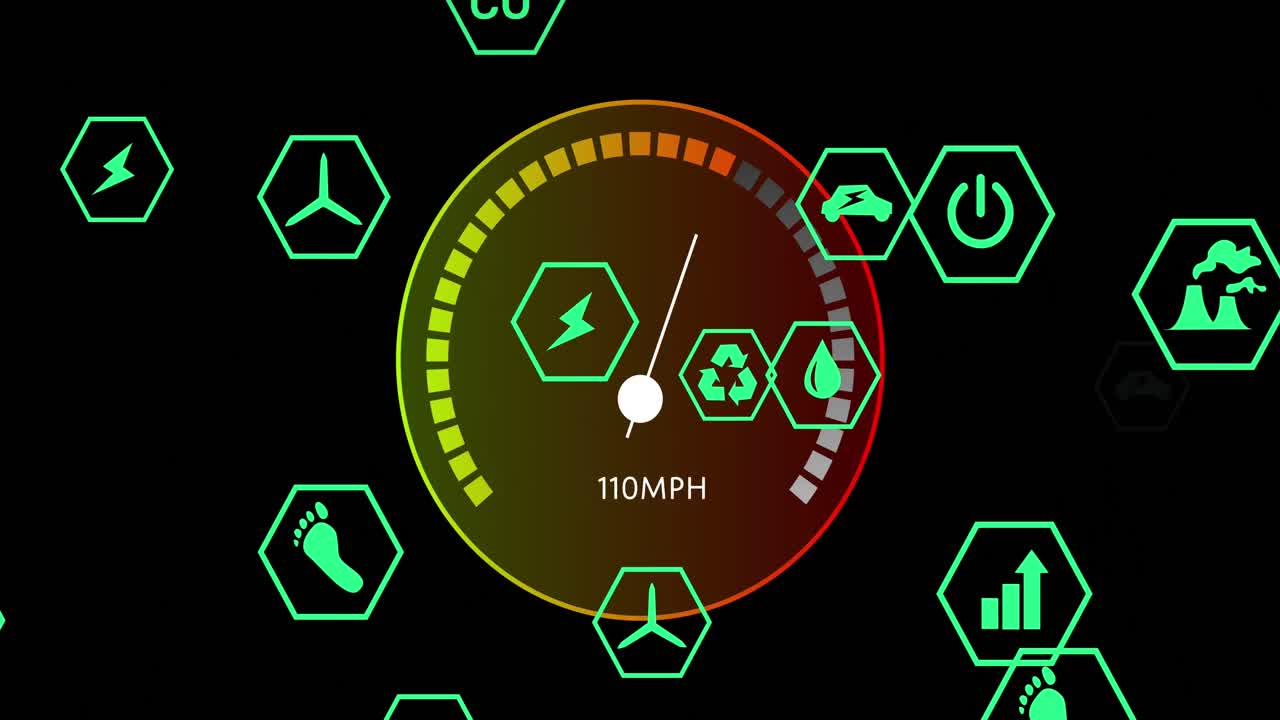 속도계와 에코 아이콘의 애니메이션, 검은 바탕의 데이터 처리