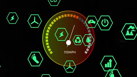 animation of speed gauge and eco icons, data processing over black background