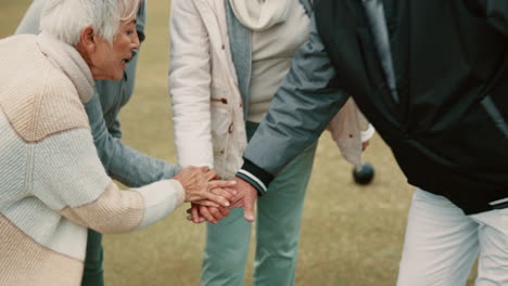 hands, motivation and senior friends in a huddle