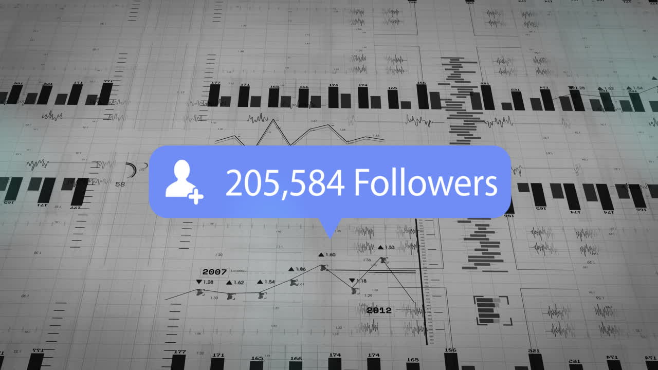 Animation of followers text and digital data processing over gird