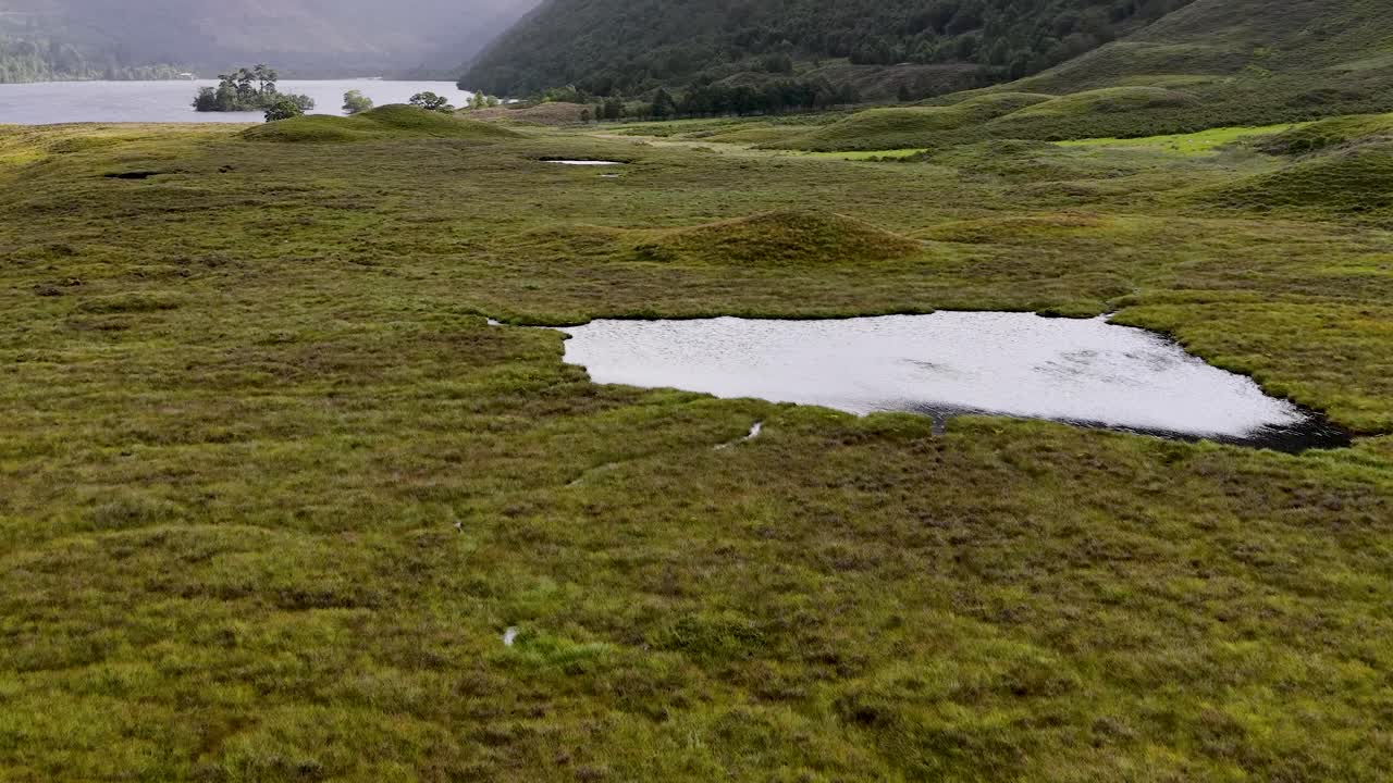 Drone glides above lush green meadow, moving toward tranquil reflective lake in overcast light