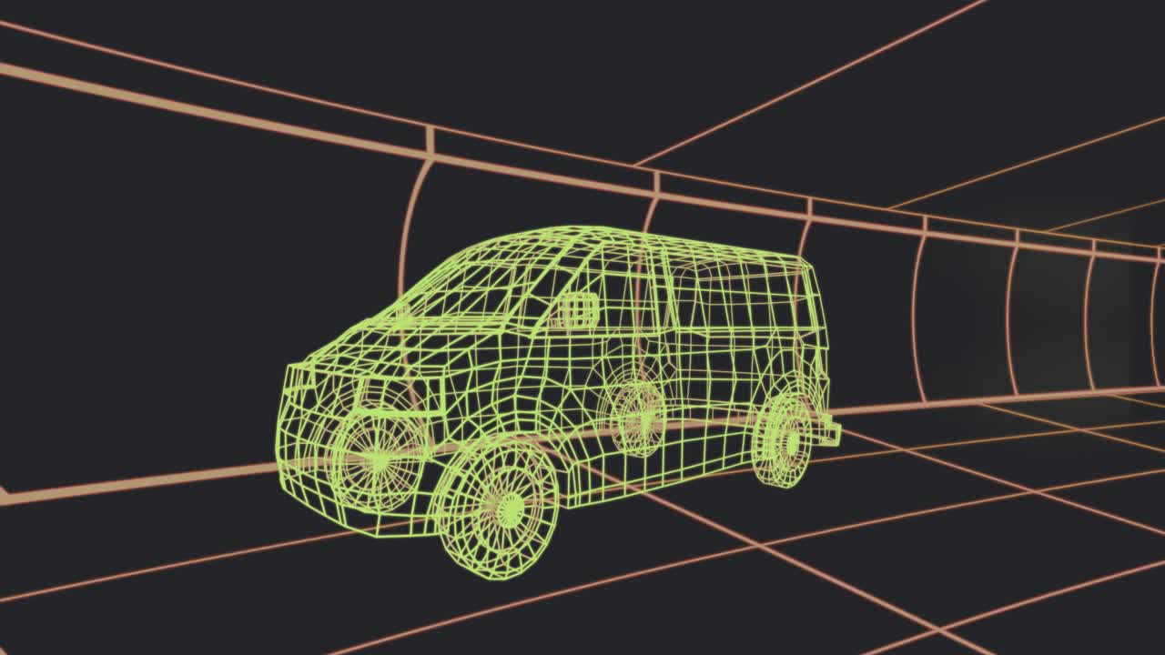 After reveal neon wireframe van staying centered while white hearts rising, signaling user interest