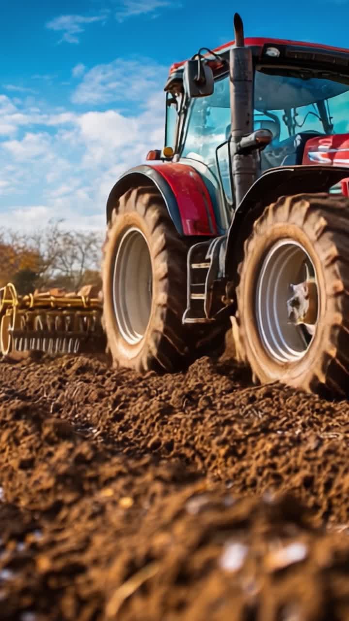 Trattore potente che ara il terreno sotto il cielo blu, dimostrando forza ed efficienza agricola in un vasto campo di terra marrone ricca fertilizzata per la crescita.