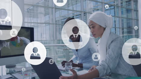animation of connections with icons over diverse business people in office