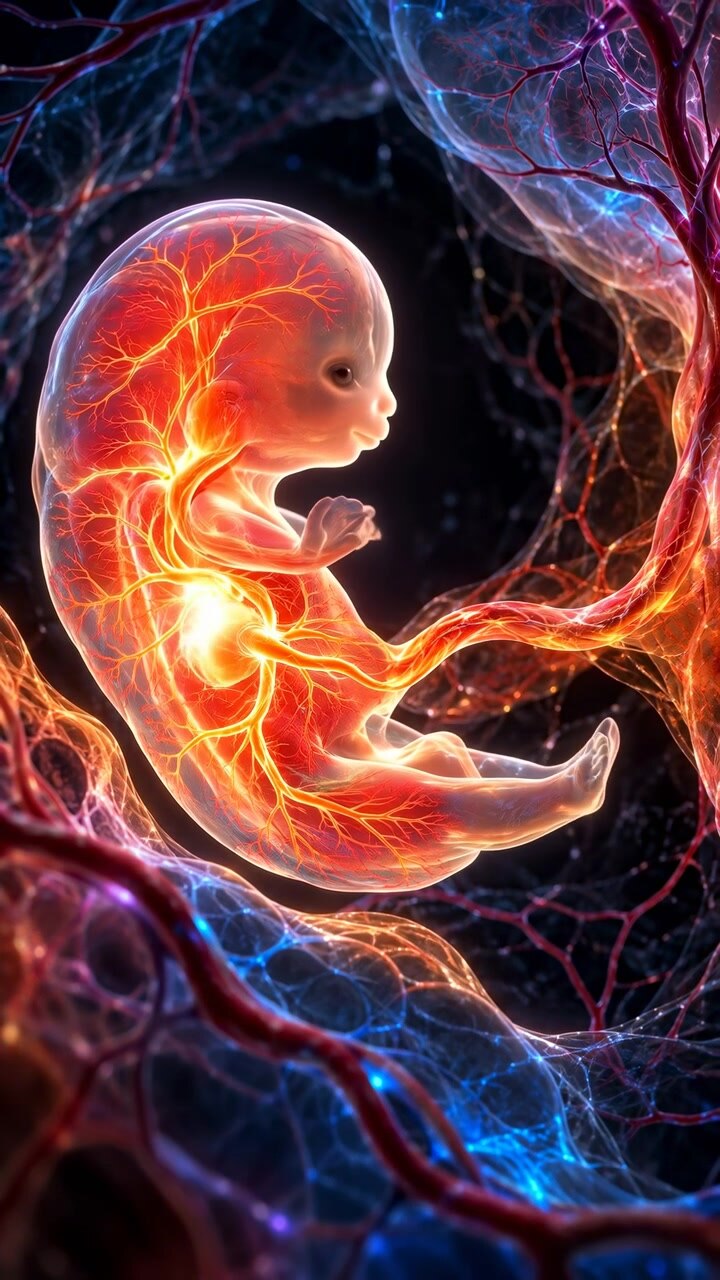 Curled fetus moves gently between frames while illuminated vessels remain visible through translucent body and umbilical cord, framed by red and blue vascular tissue.