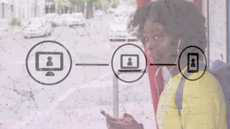 Animation-of-network-of-connections-and-media-over-african-american-woman-using-smartphone-in-city