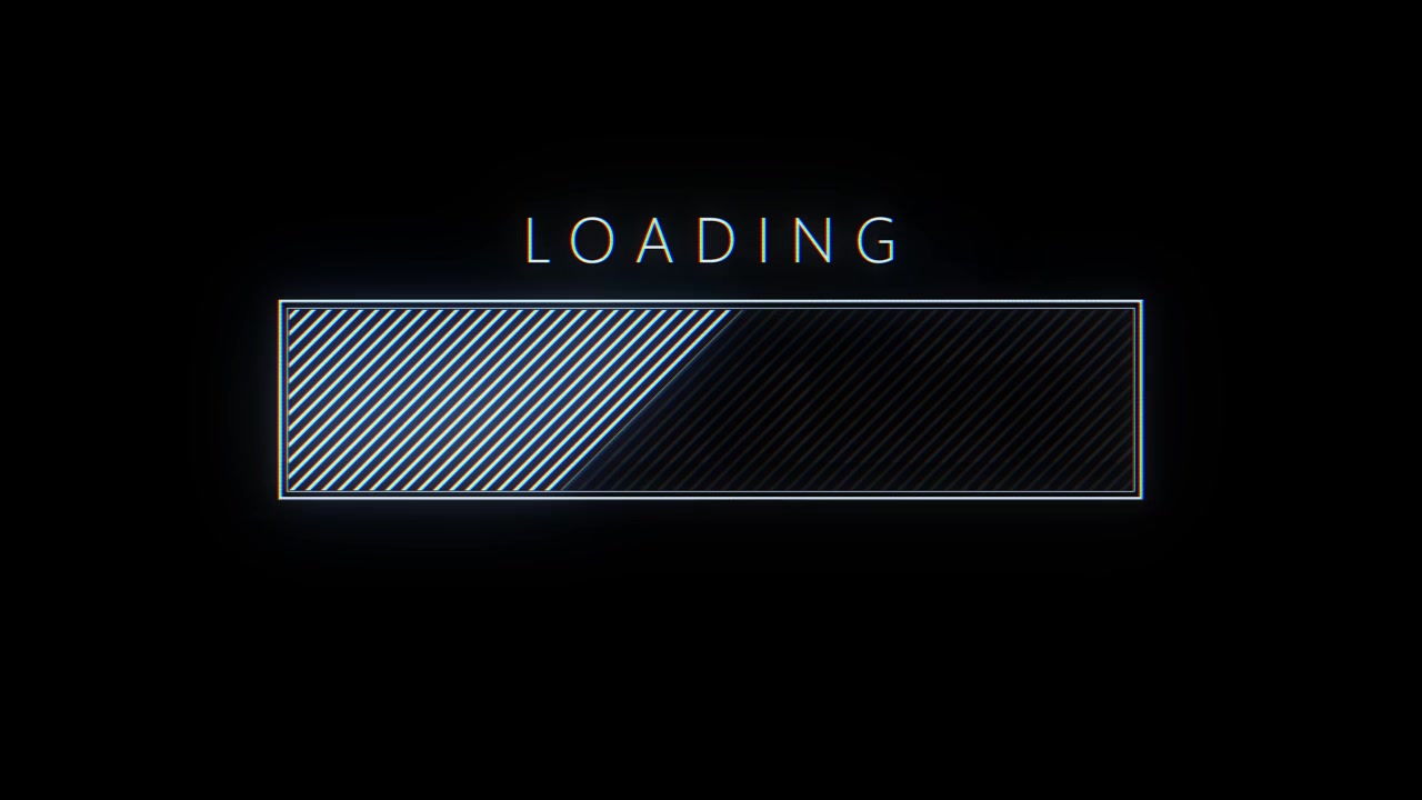Retro computer loading screen visual with glitch text outlined progress box diagonal stripes and