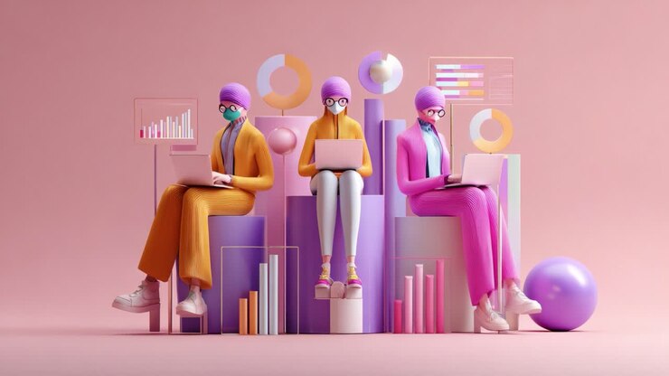 Three stylized figures engaged in digital work, each focused on their laptops, surrounded by colorful geometric shapes and data visualizations, representing innovation and teamwork