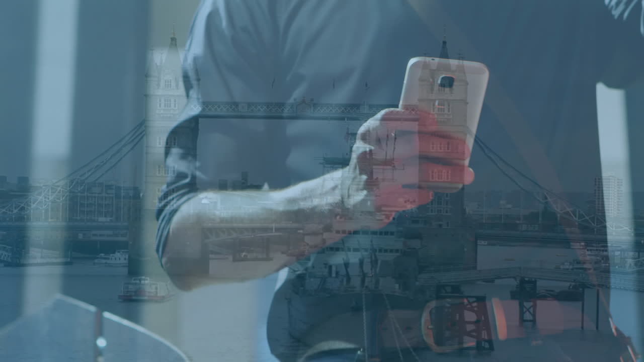 Man using smartphone and cityscape