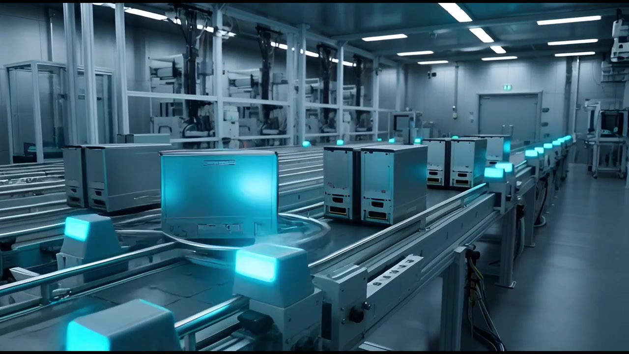 Automated Production Line with Server Racks Moving on Conveyor Belts