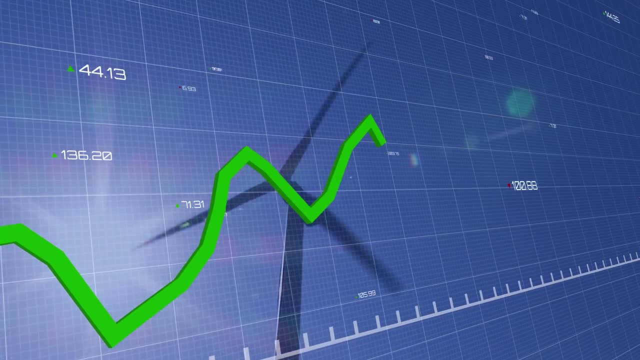 농촌에서 풍력 터빈을 통해 통계 및 금융 데이터 처리의 애니메이션