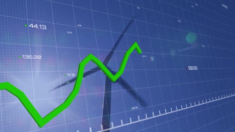 animation of statistics and financial data processing over wind turbine in countryside