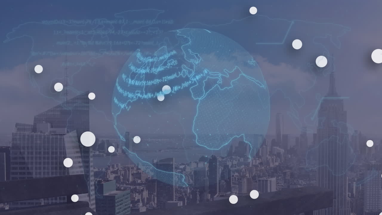 Animation of white spots and data processing over spinning globe against aerial view of cityscape