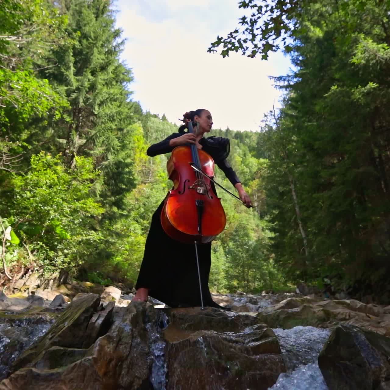 Outdoor nature perfomance with musician playing on cello. Beautiful lady playing in stringed instrument