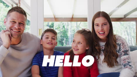 animation of hello text on happy caucasian family