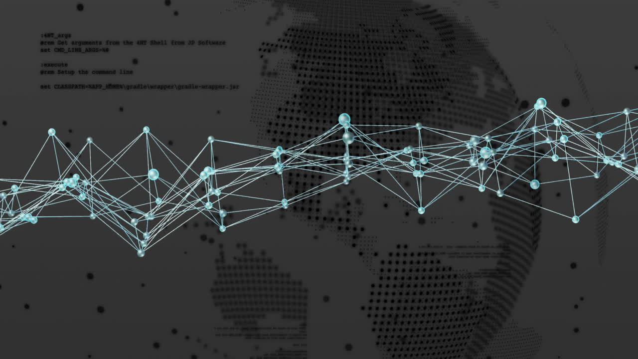Network of connections and data processing animation over world map