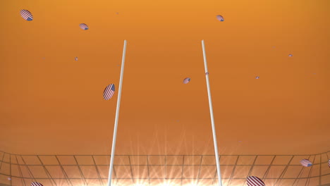 animation of rugby balls coloured with flag of usa at stadium