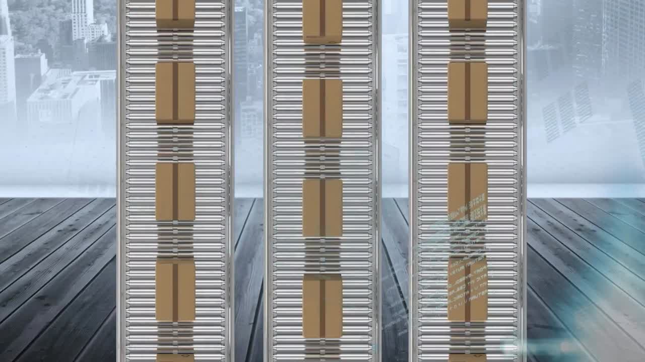 animación del procesamiento de datos sobre cajas de cartón en cintas transportadoras y paisaje urbano