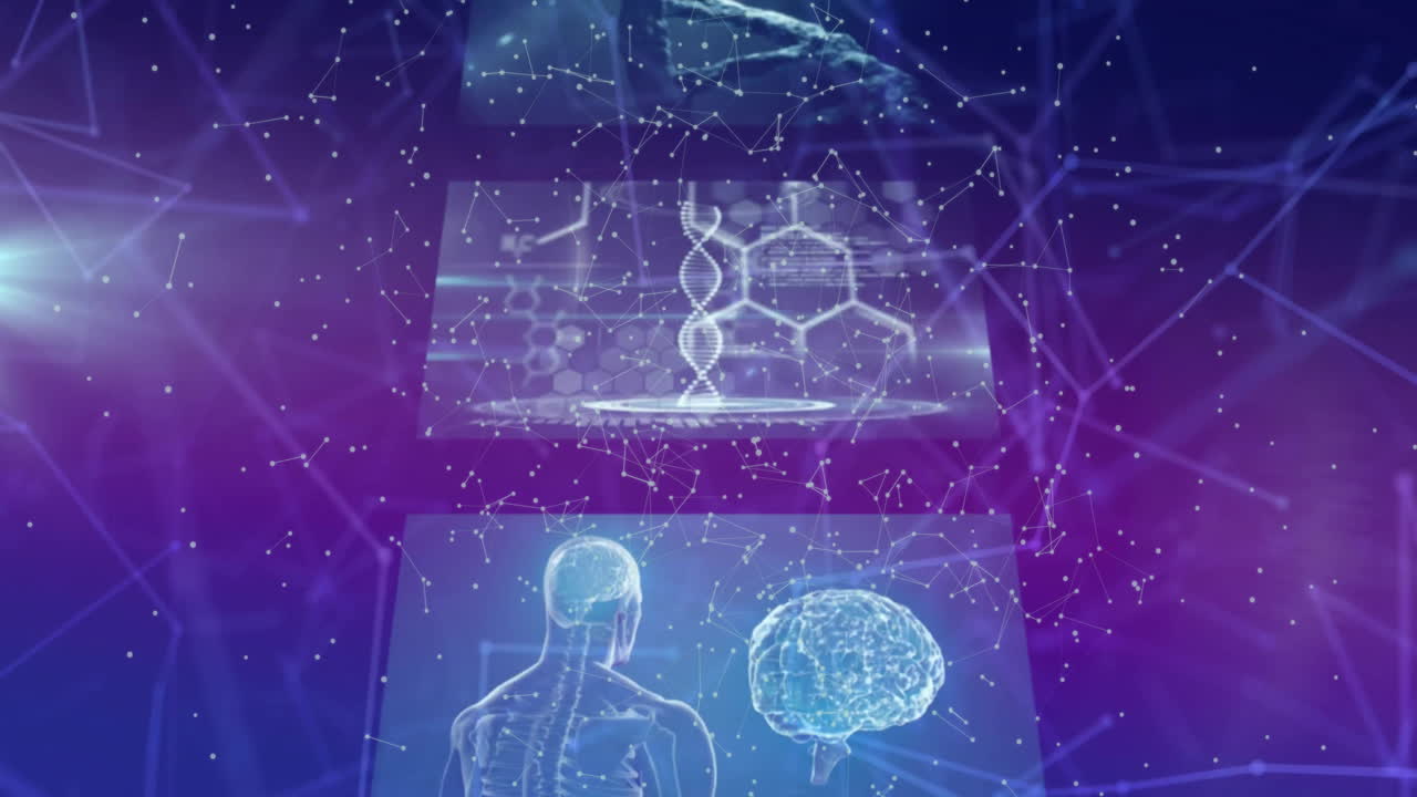 Animation of dna strand and data processing on screens with connections
