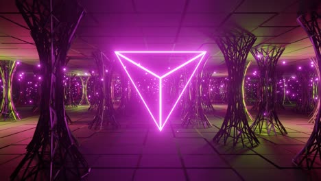 animación de video de 4k de un bucle sin fisuras entre hermosos pilares de ciencia ficción habitación con triángulo de neón y luces de colores brillantes.