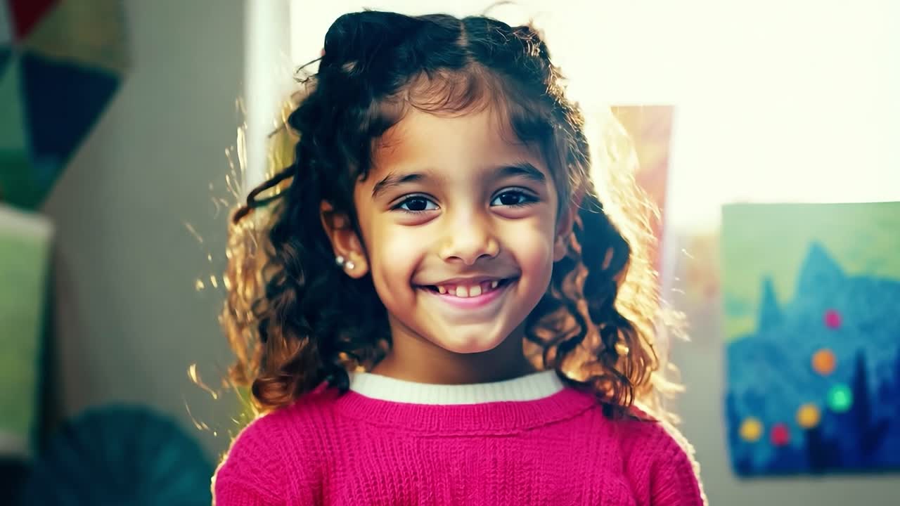 joven alegre sonriendo ampliamente, mostrando sus grandes dientes. largo cabello castaño rizado enmarca su cara mientras lleva una camisa blanca, irradiando alegría e inocencia en un retrato en primer plano
