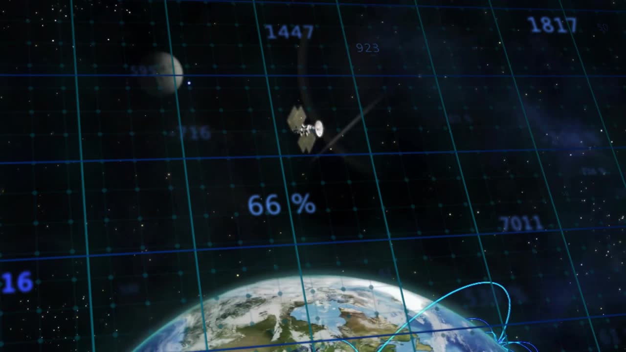 Satélite recuando acima do globo, causando novos arcos e ícones de antena em zoom para visualização de rede.