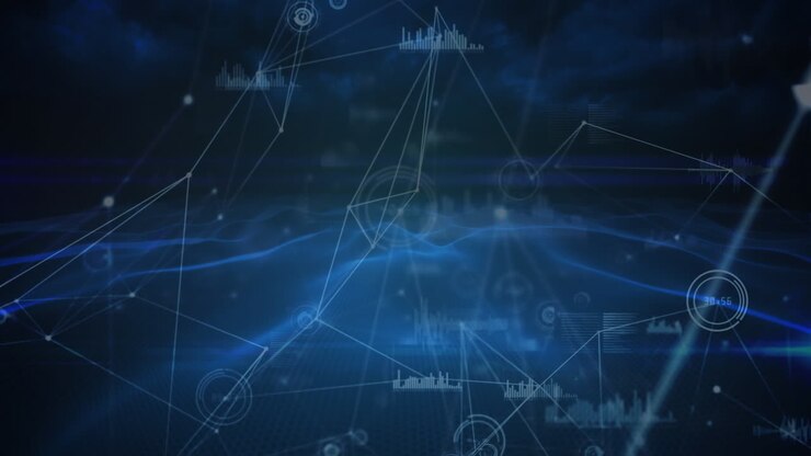 Animation of data processing and network of connections on black background