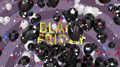 animación del viernes negro escrita en amarillo con globos negros y confeti tricolor en un ba púrpura