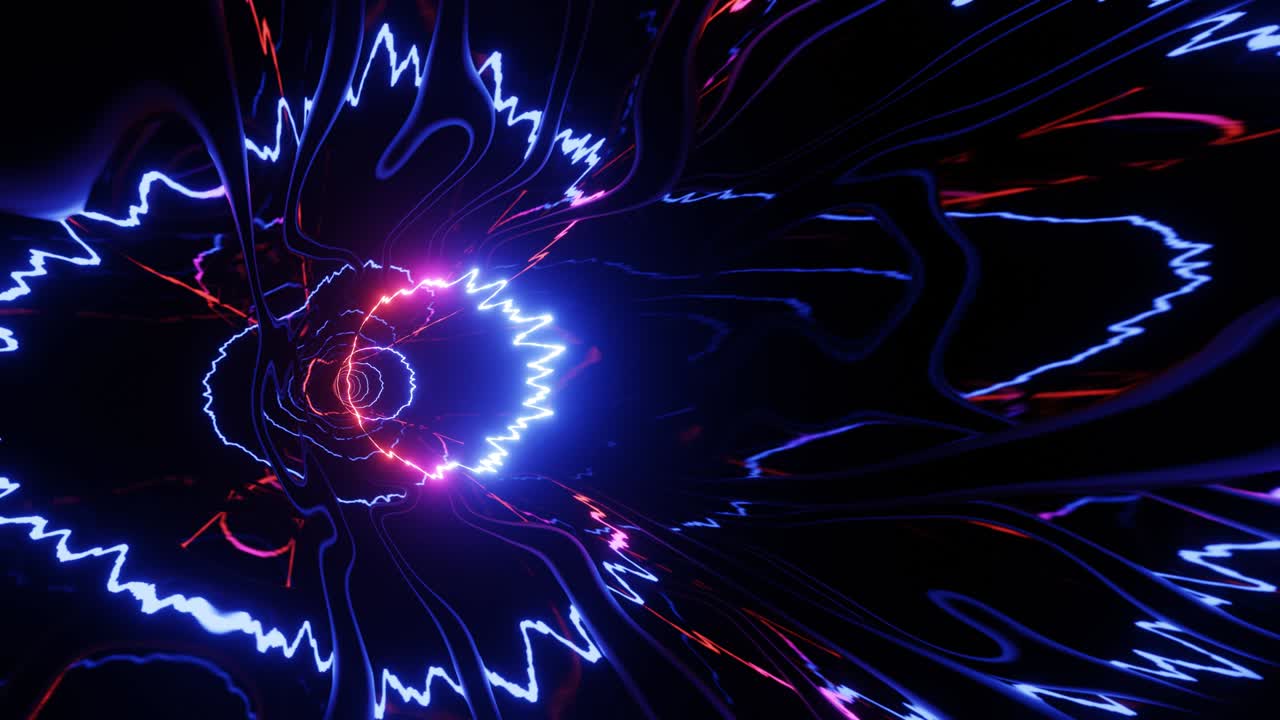 Hi-tech neon sci-fi tunel. Trendy neon glow lines form pattern and construction in mirror tunnel. Neon pattern, signal. Fly through technology cyberspace. 3d looped seamless 4k bright youth background