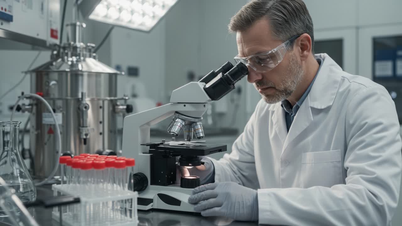 A focused researcher in a laboratory setting examines specimens under a microscope, showcasing the intricate processes of scientific discovery and study