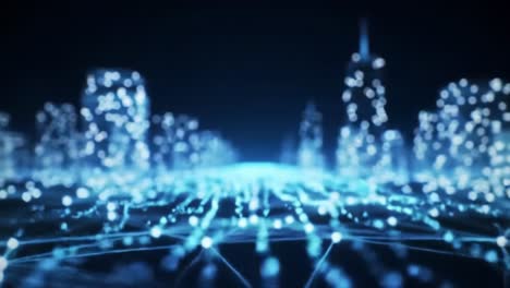 a futuristic digital landscape representing connectivity and data flow, featuring luminous nodes and a network of lights against a night city background