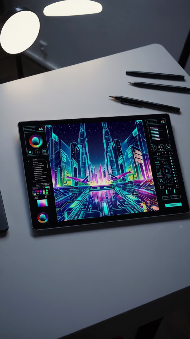 Digital Art Piece of a Futuristic Cityscape on Drawing Tablet