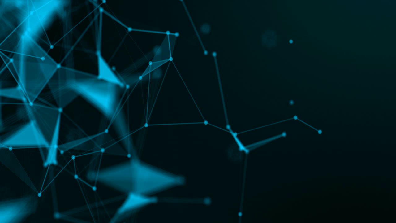 Abstract web background. polygon lines and dots moving randomly on dark gray/black background. Seamless loop.