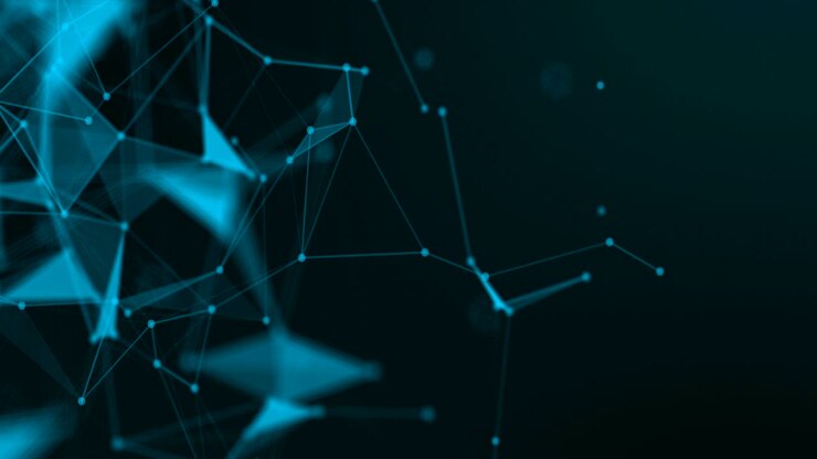 Abstract web background. polygon lines and dots moving randomly on dark gray/black background. Seamless loop.
