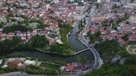 aerial drone video of milijacka river and sarajevo city - bosnia and herzegovina