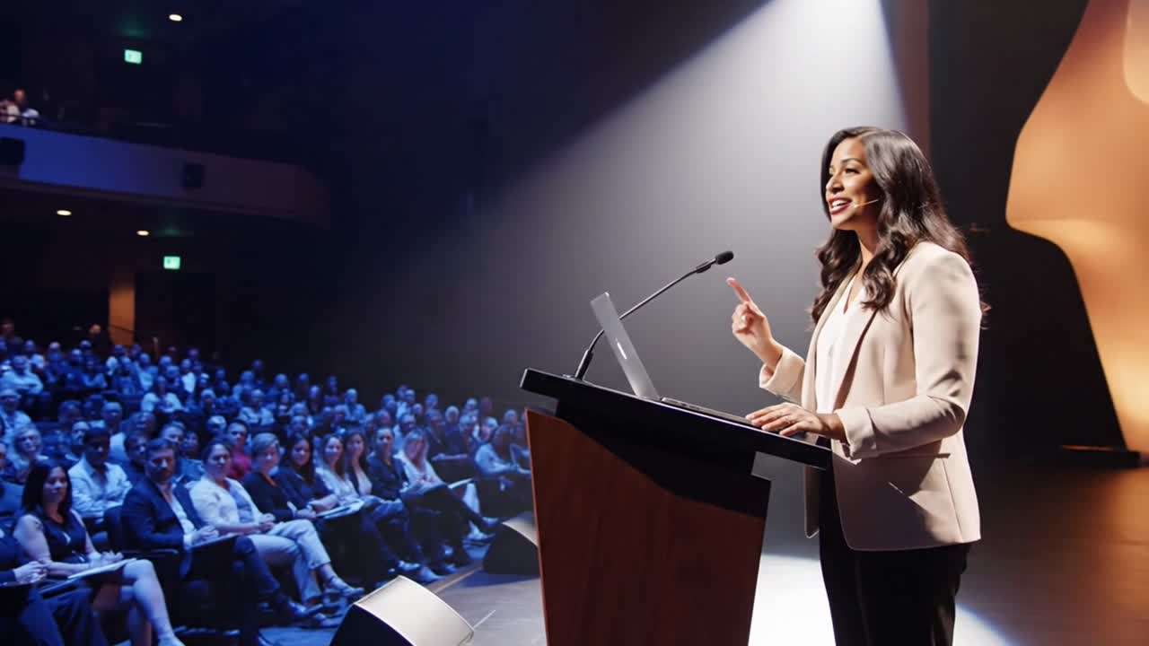 Donna relatrice che tiene una presentazione a una conferenza di lavoro.