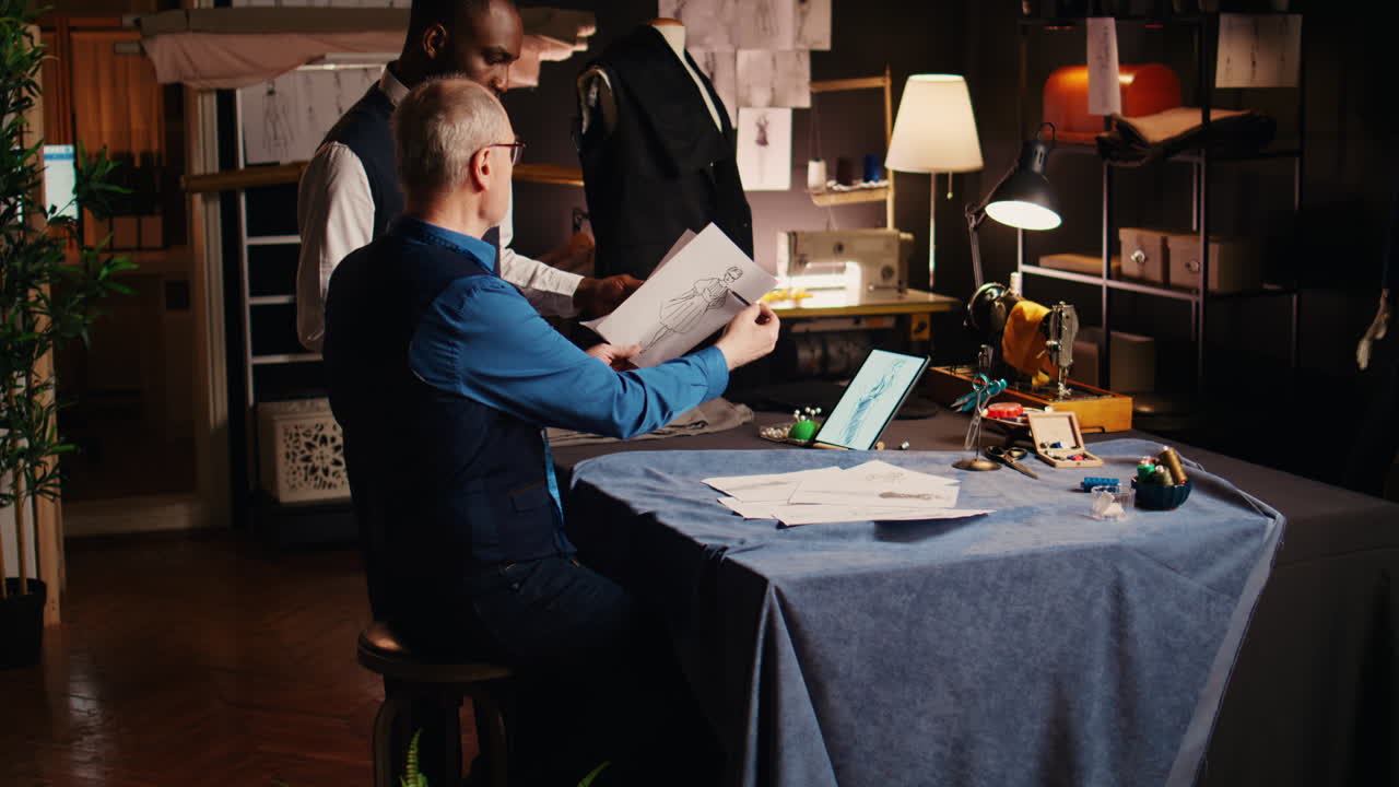 오래된 패션 디자이너가 학생들에게 기술을 가르치고 있습니다.