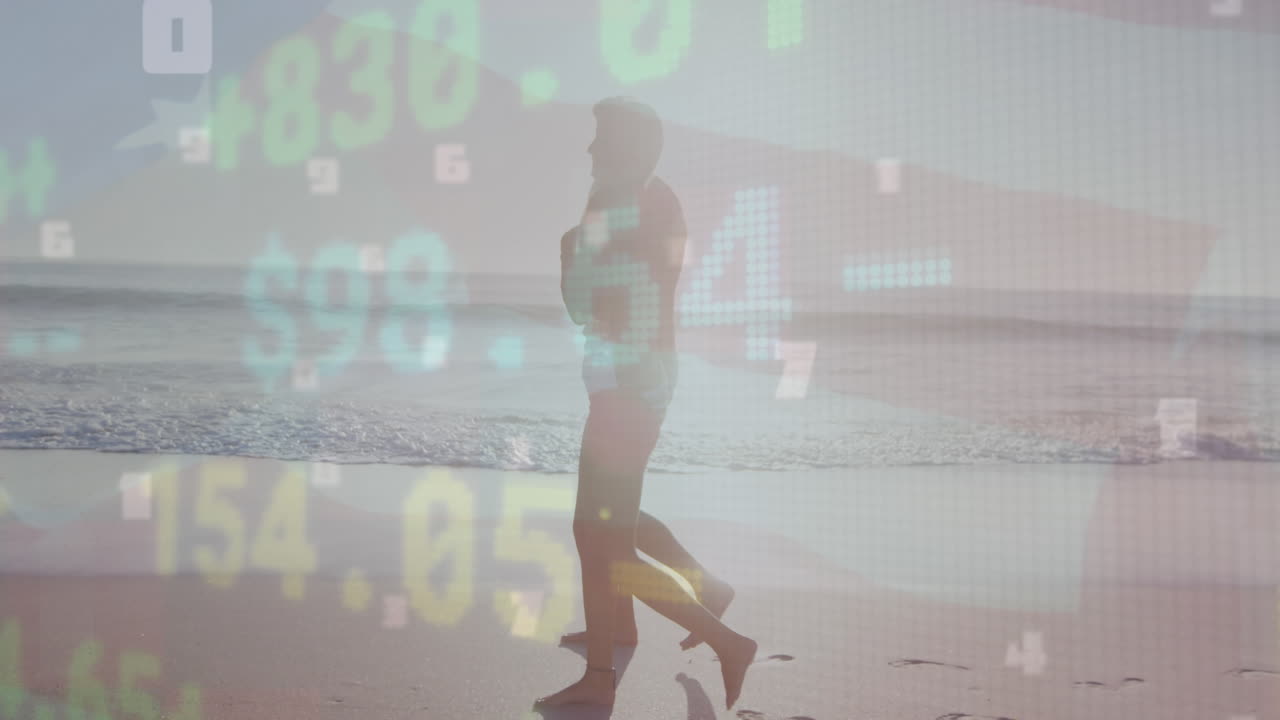 해변에서 백인 커플에 대한 주식 시장의 애니메이션