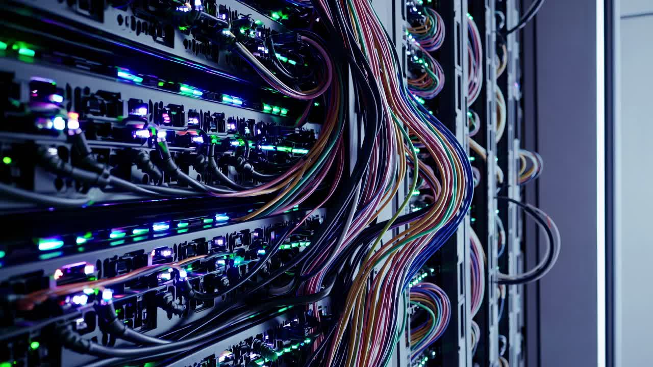 Low-angle shot of a server room with colorful cables and LED lights, creating a futuristic tech