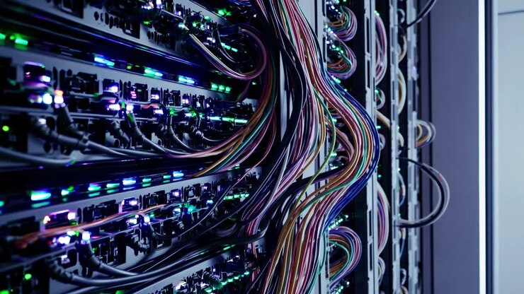 Low-angle shot of a server room with colorful cables and LED lights, creating a futuristic tech
