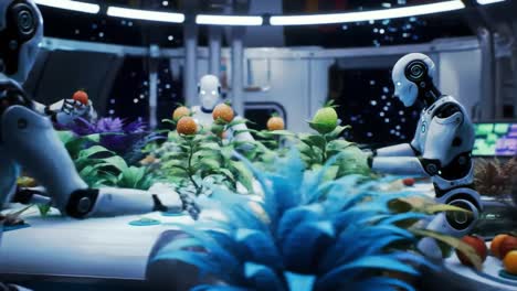 In a high-tech greenhouse, robots carefully tend to a variety of plants, ensuring optimal growth. The setting features lush greenery and advanced technology working in harmony.