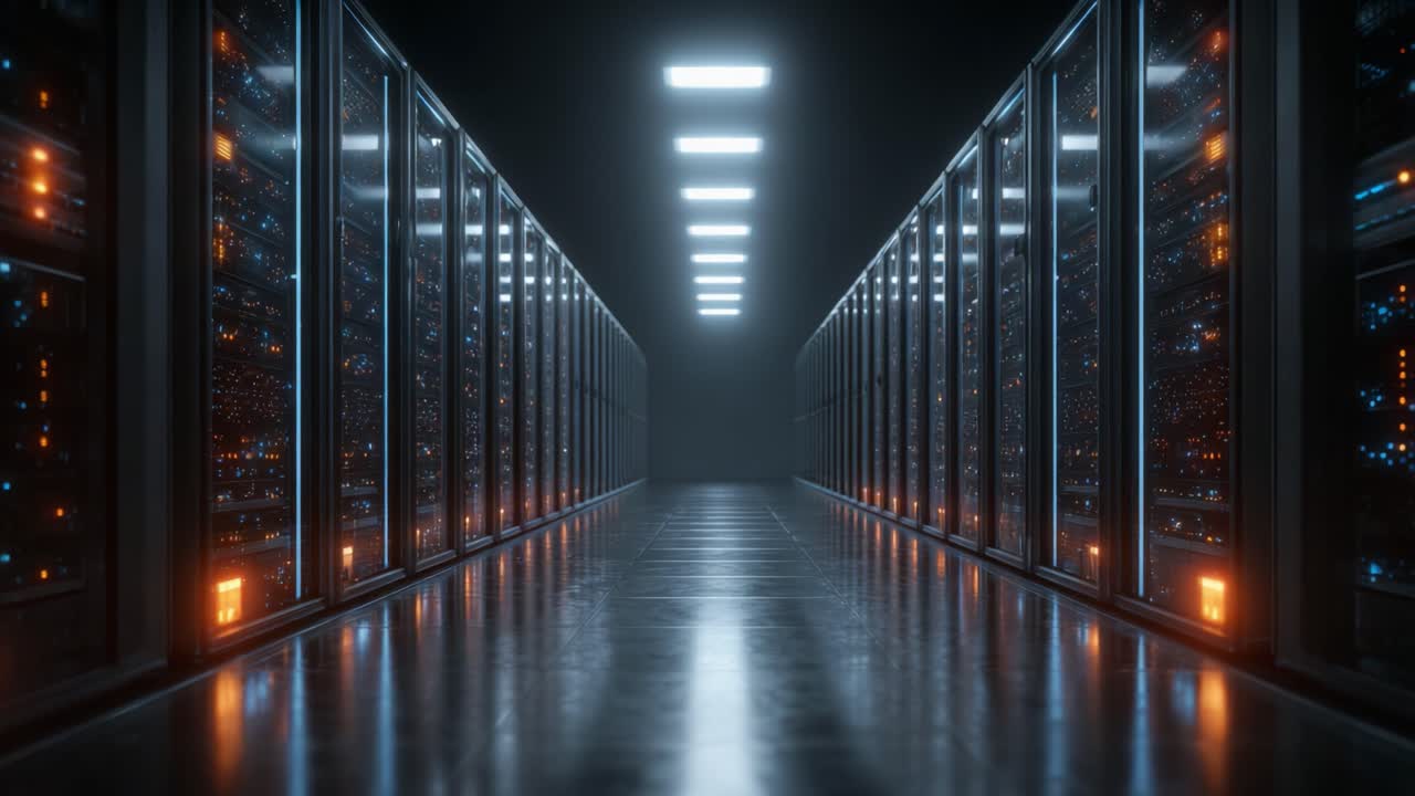 Un centro dati ad alta tecnologia con file di server illuminati da luce fredda, che mostra tecnologia avanzata e infrastrutture moderne in un ambiente elegante.